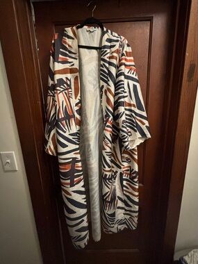 Diarrablu Open-Front Printed Kimono in Cream, Navy & Rust